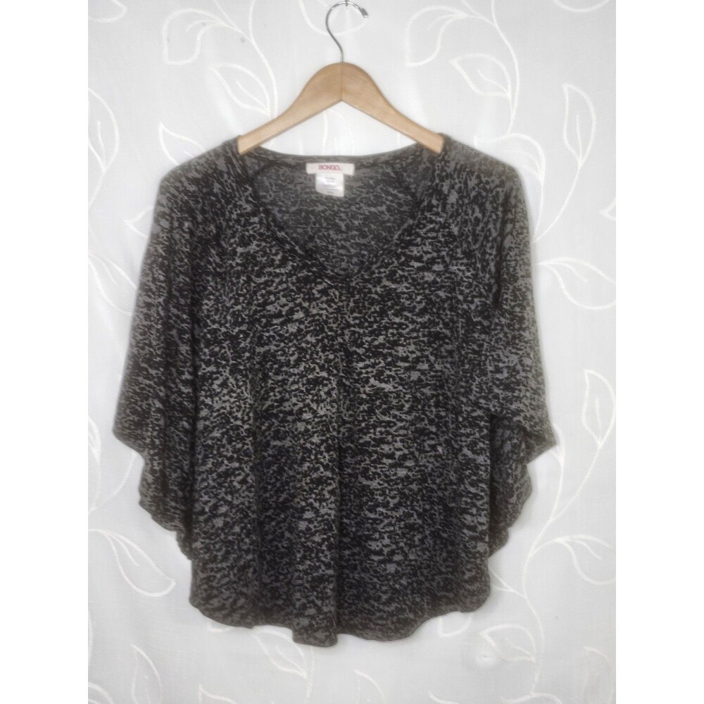 Bongo Burnout Top Women's 1X Black Gray Batwing V-Neck Relaxed Grunge Boho